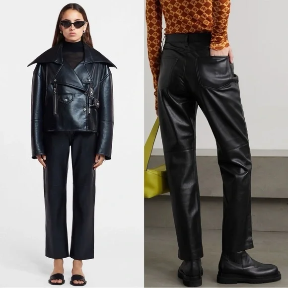 NEW NANUSHKA Vinni 90s High Rise Vegan Faux Leather Straight Leg‎ Ankle Pants L - Picture 10 of 16
